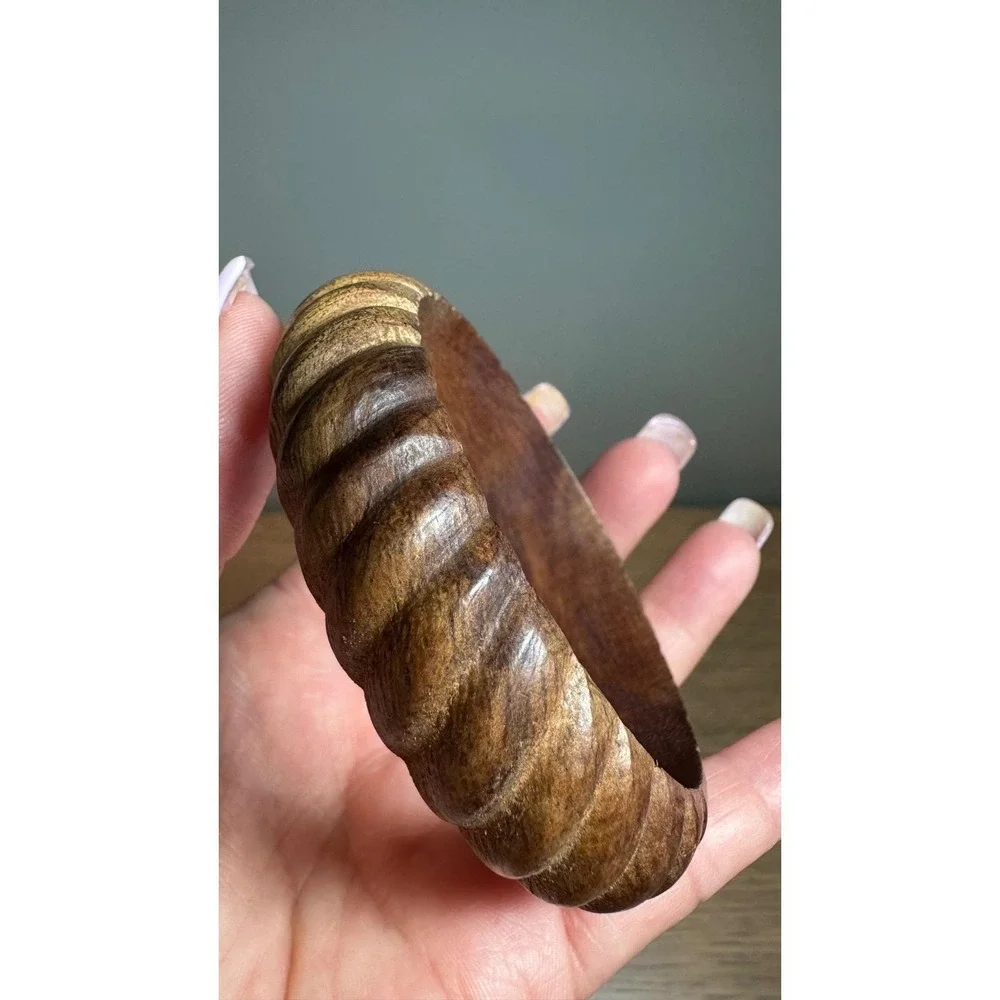 Vintage Carved Wood Resin Bangle Bracelets Lot Stackable Boho Chunky Set 3